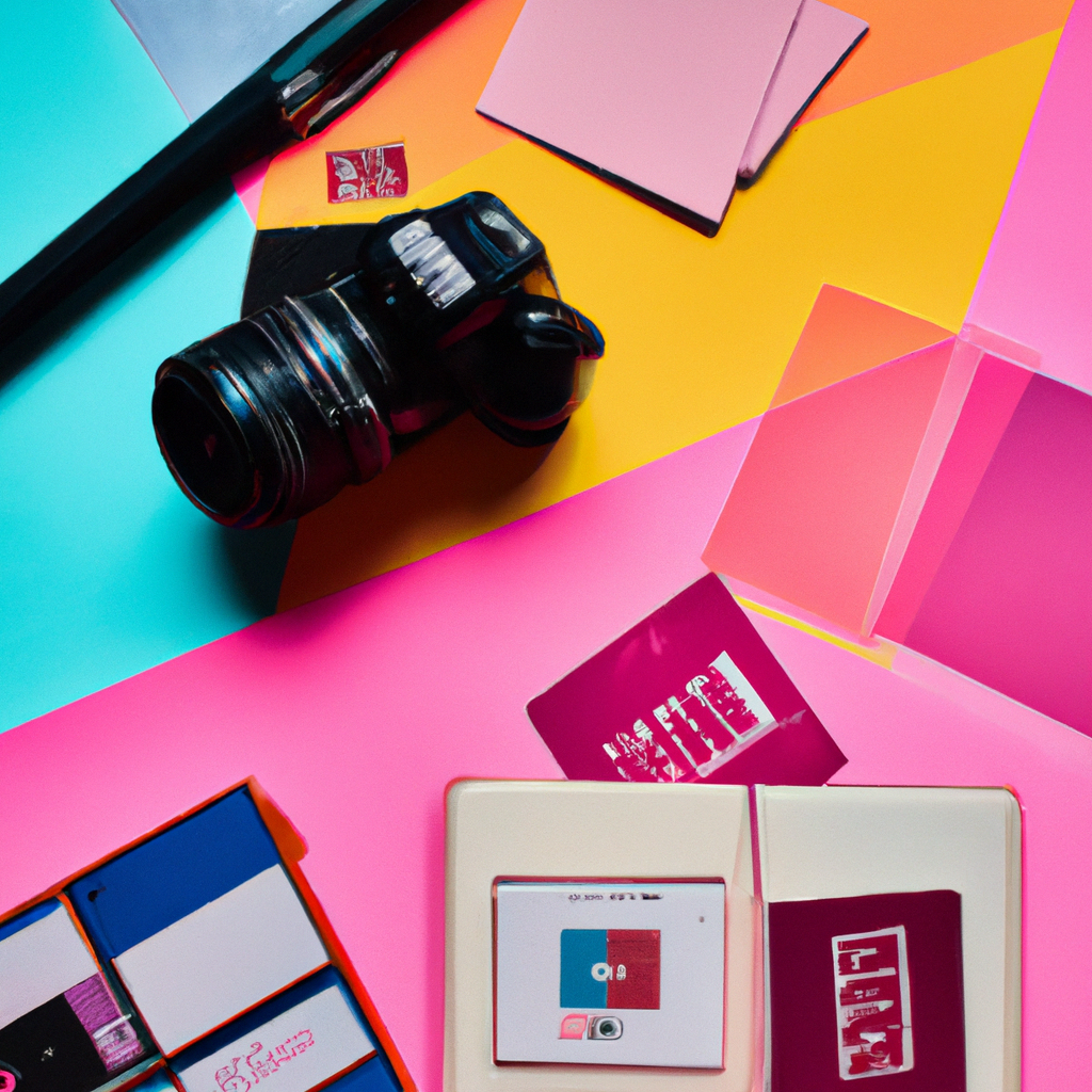 Flatlay: cámara, lente, flash y cuaderno sobre mesa del estudio, luz suave